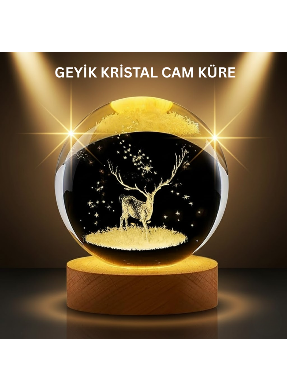 LED Işıklı Geyikli Kristal Küre Ahşap Standlı Modern Dekor Lamba