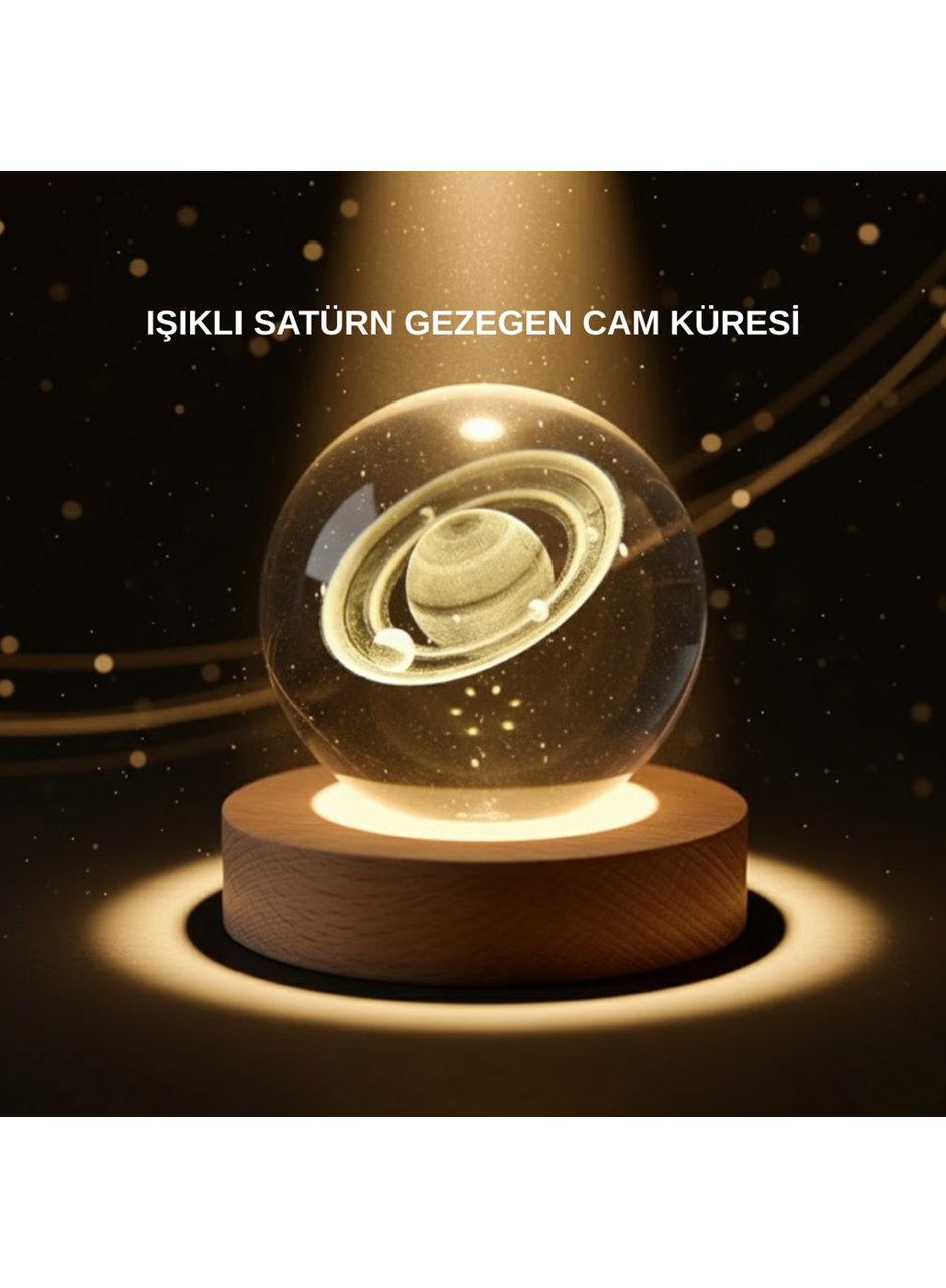 Dekoratif 3D Satürn Motifli Kristal Küre Işıklı Gece Lambası