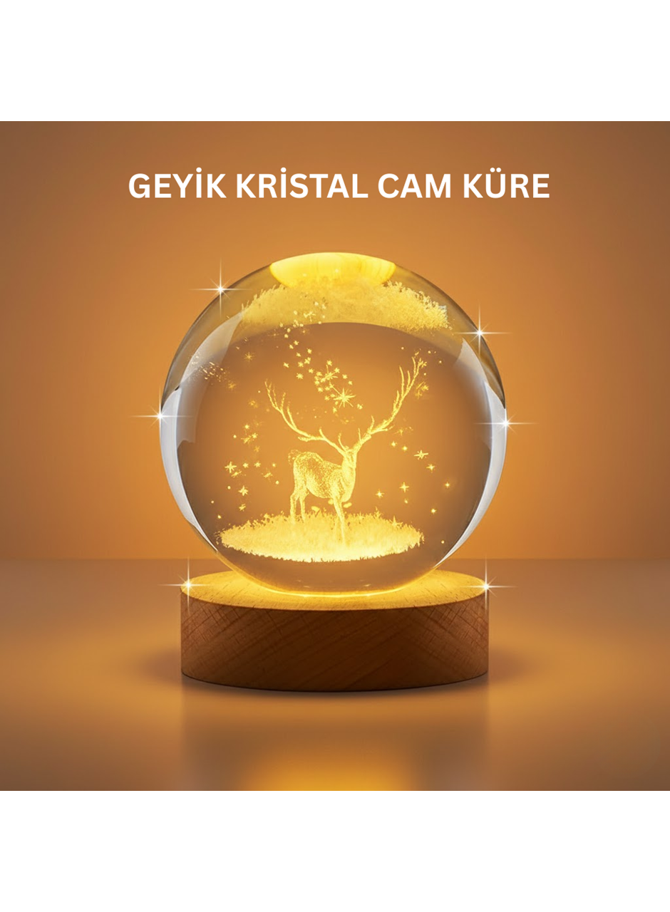 3D Geyik Desenli Kristal Küre USB Işıklı Ahşap Tabanlı Oda Lambası
