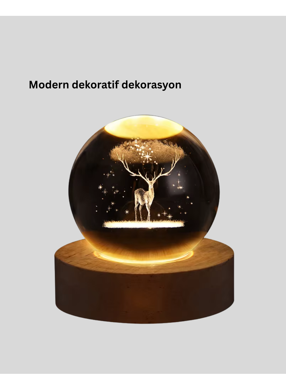 3D Geyik Desenli Kristal Küre USB Işıklı Ahşap Tabanlı Oda Lambası