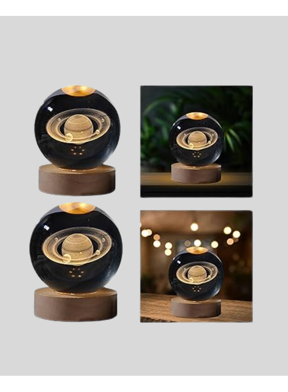 Ahşap Tabanlı 3D Satürn Kristal Küre Atmosfer Lambası