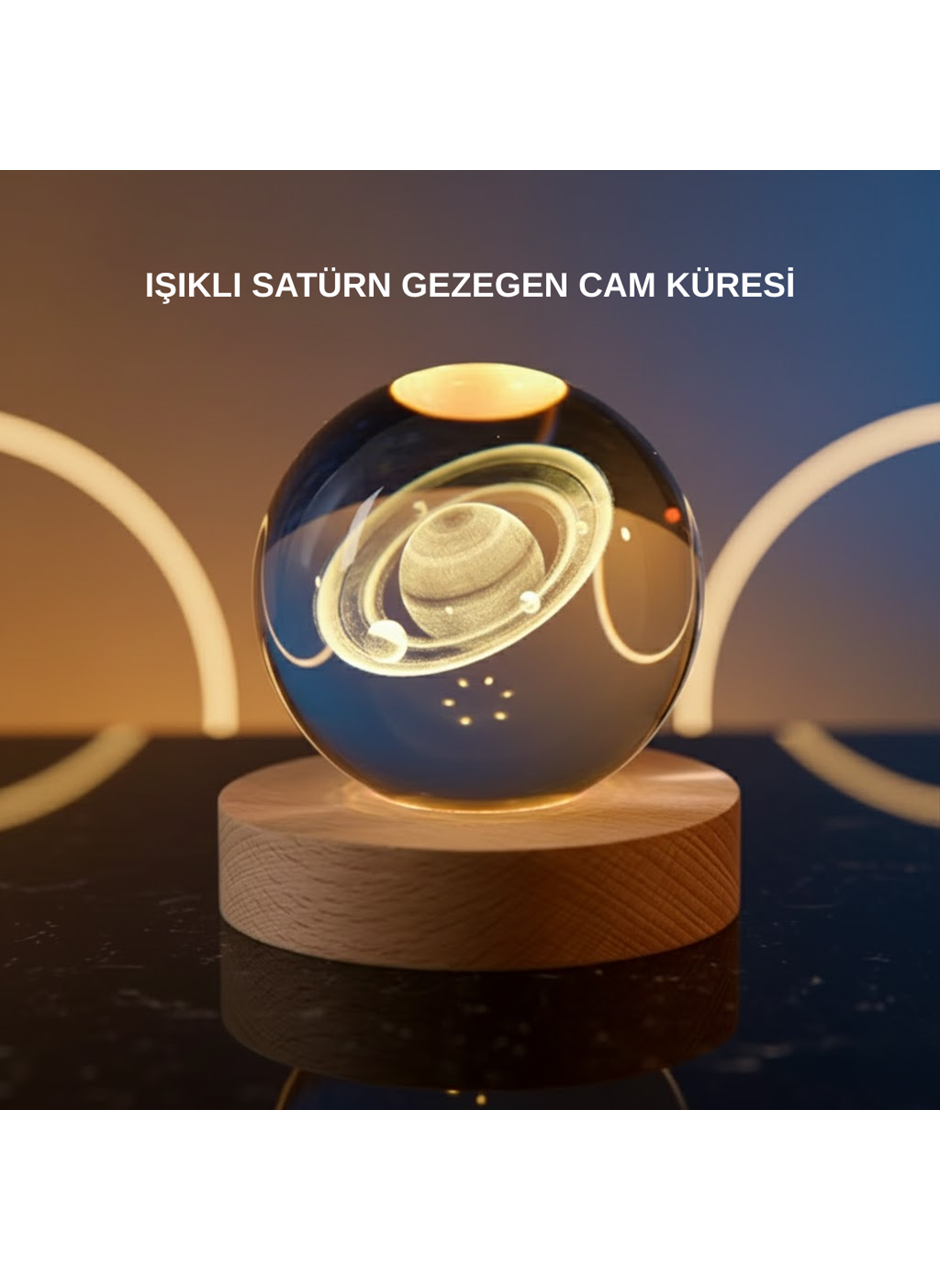 3D Satürn Gravürlü Kristal Küre Dekoratif LED Işıklı Gece Lambası