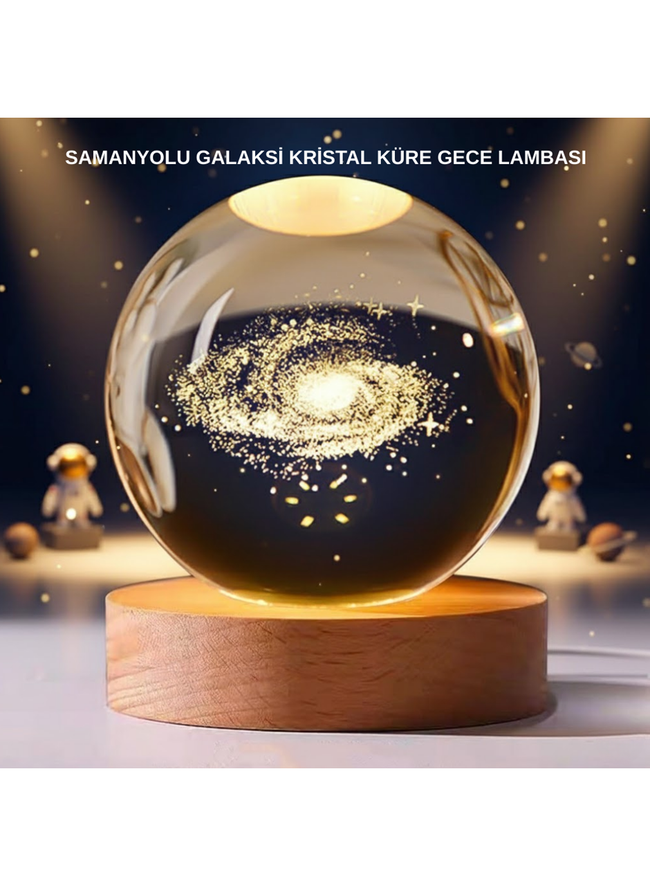 Samanyolu Desenli Kristal Küre Ahşap Standlı Gün Işığı LED Masa Lambası