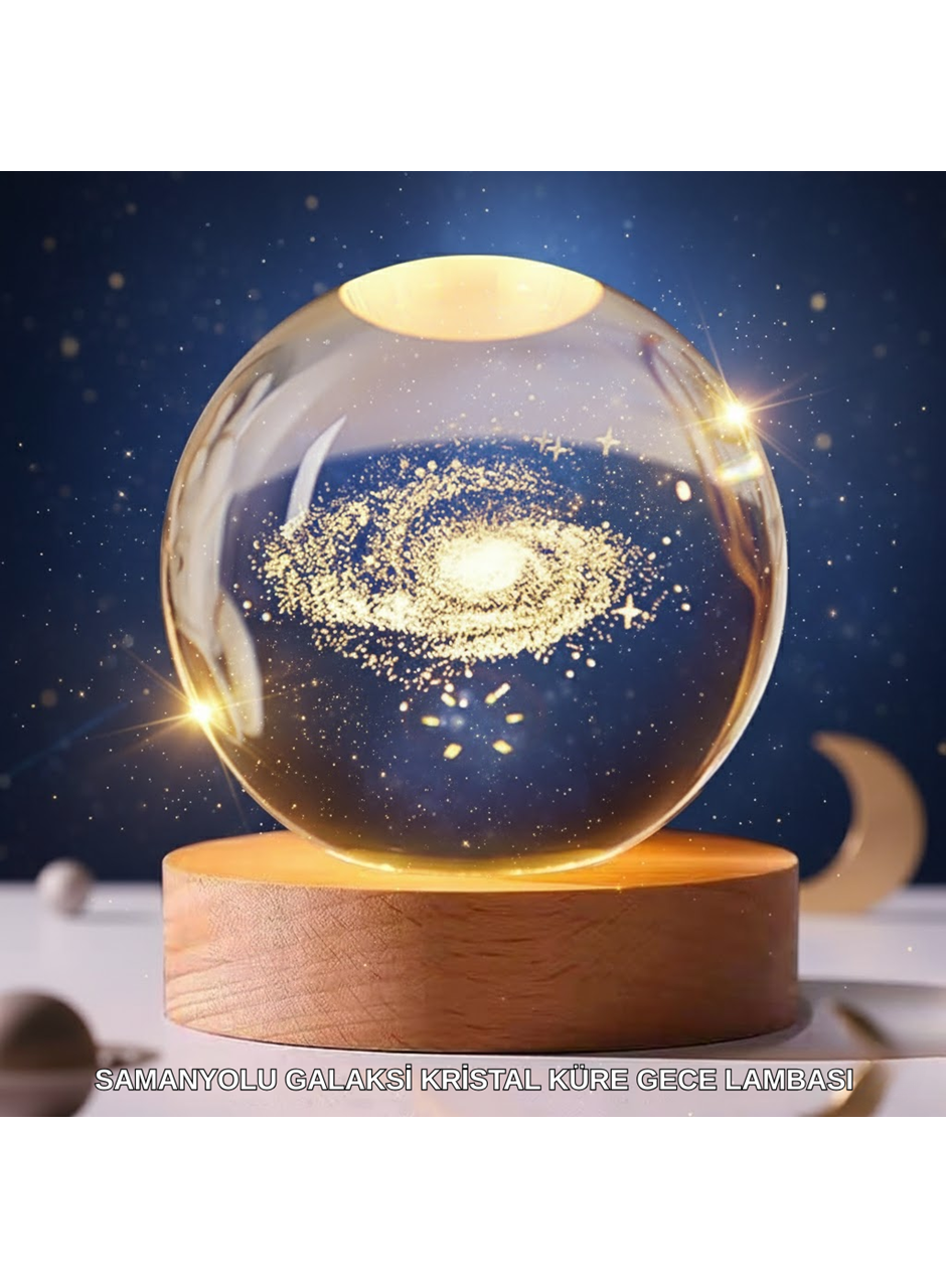 3D Lazer İşlemeli Galaksi Küre USB LED Ahşap Standlı Oda Gece Lambası