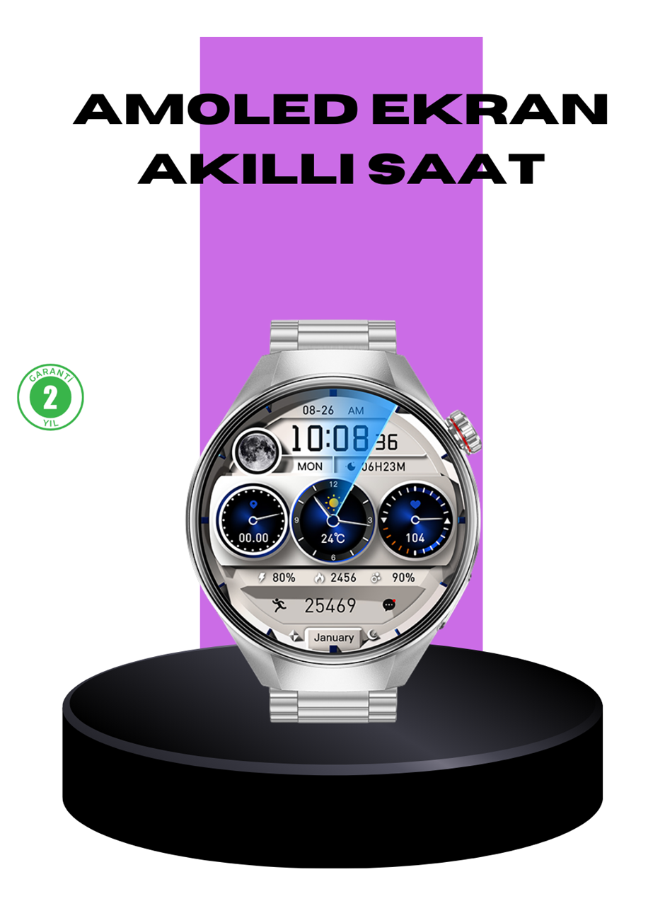 Akıllı Saat Metal Kordonlu Tam Ekran AMOLED – Arama ve Sağlık Takip Özellikli
