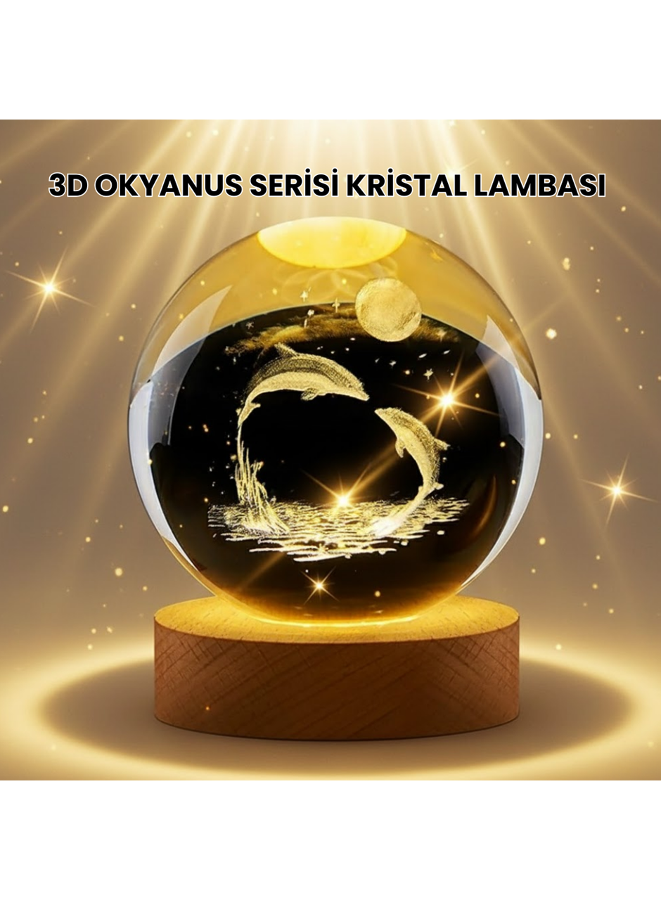 Lazer İşlemeli Yunus Kristal Küre Sıcak Işıklı Ahşap Standlı