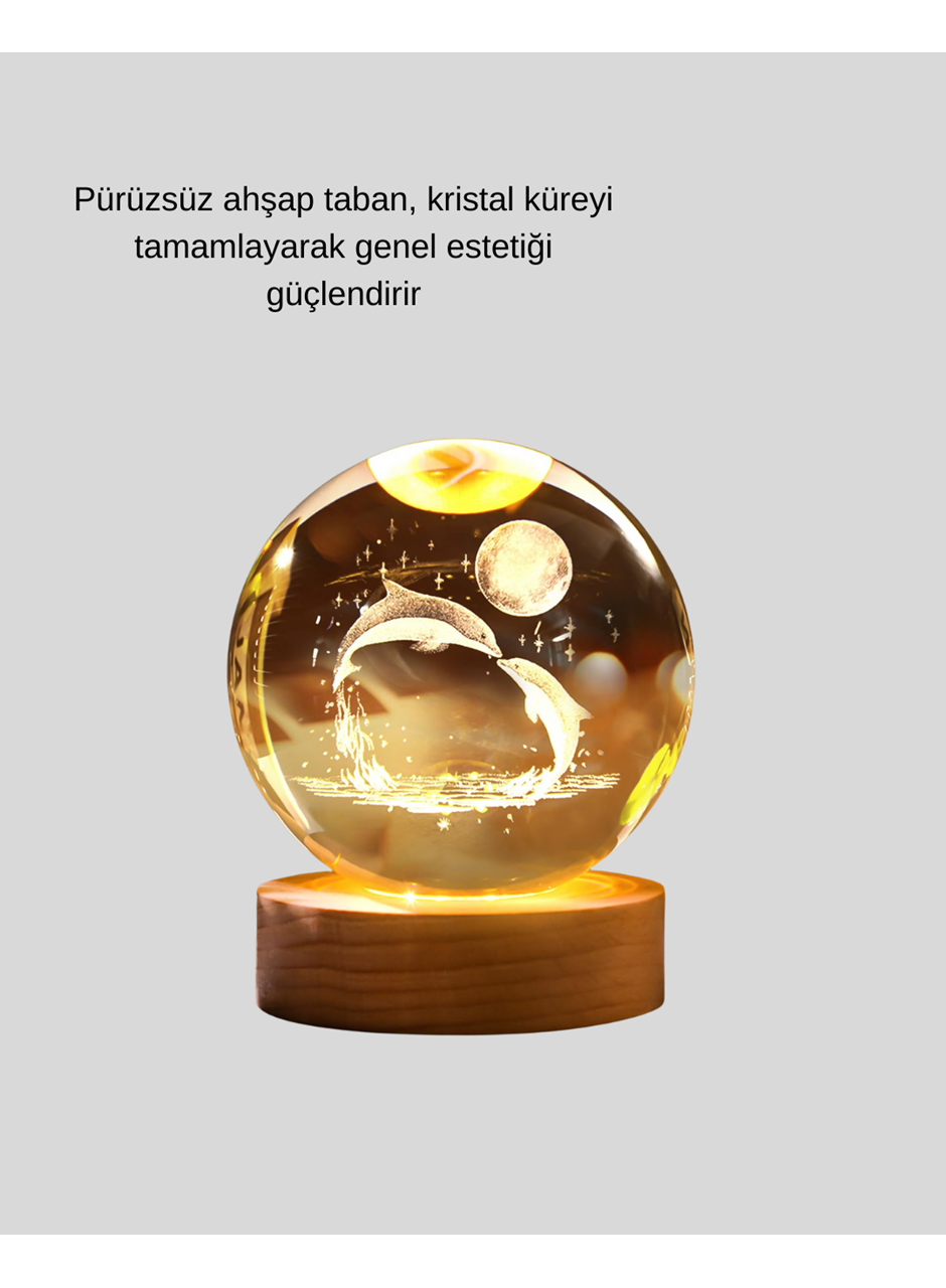 Lazer İşlemeli Yunus Kristal Küre Sıcak Işıklı Ahşap Standlı