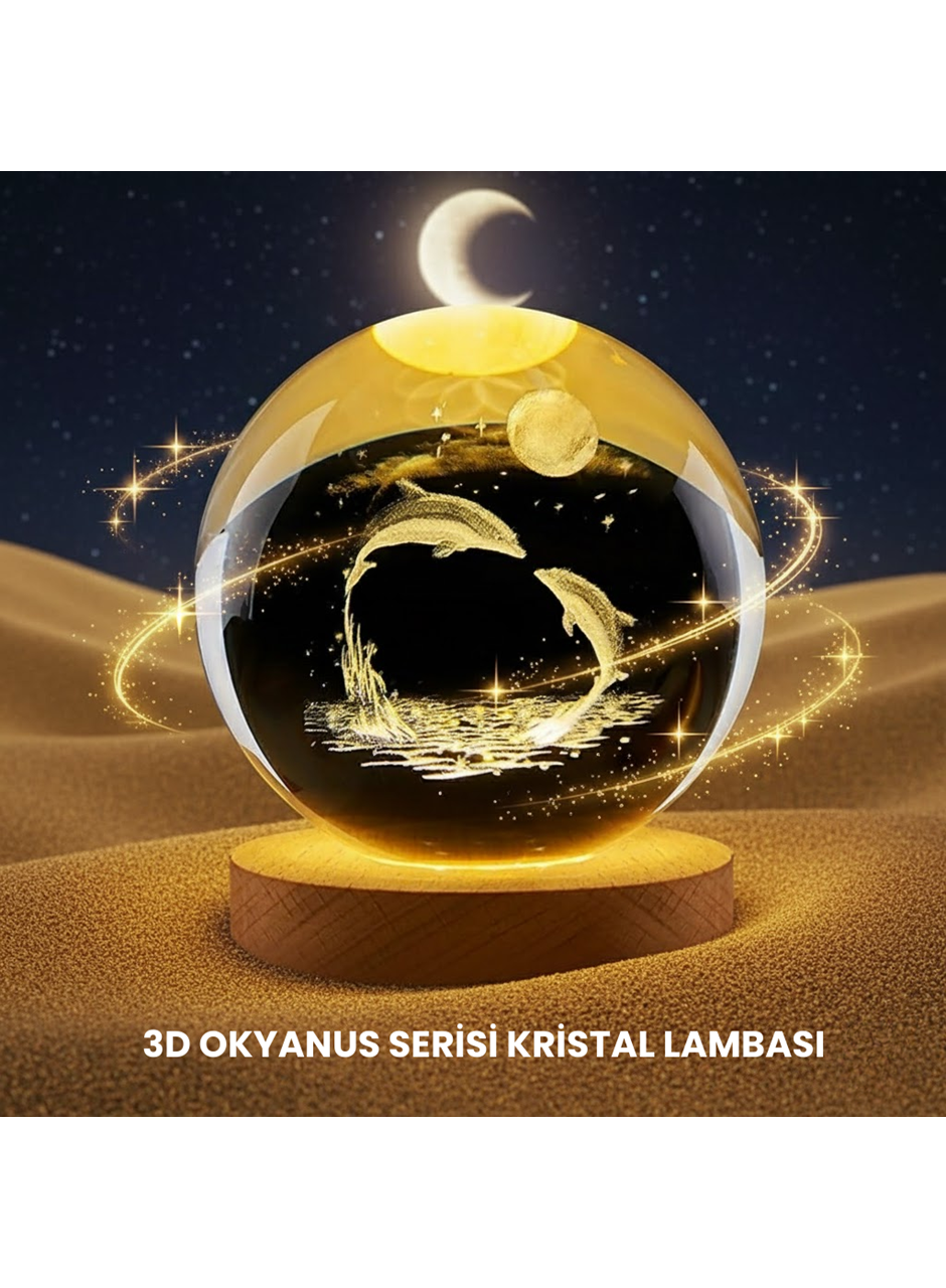 Yunus Temalı Kristal Küre USB Işıklı Ahşap Altlıklı Gece Lambası
