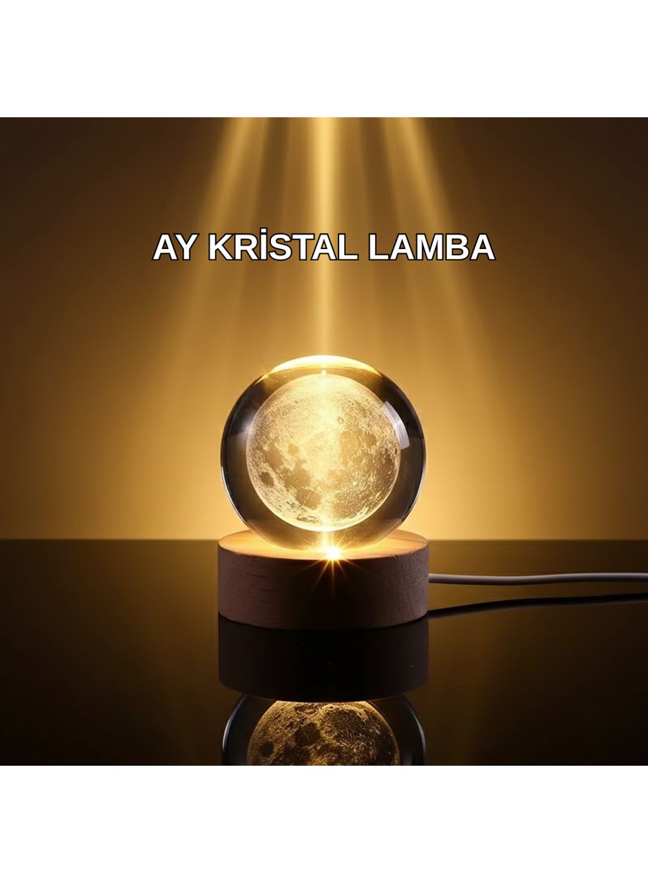 3D Lazer İşlemeli Ay Küresi Ahşap Standlı USB Bağlantılı Dekoratif Lamba