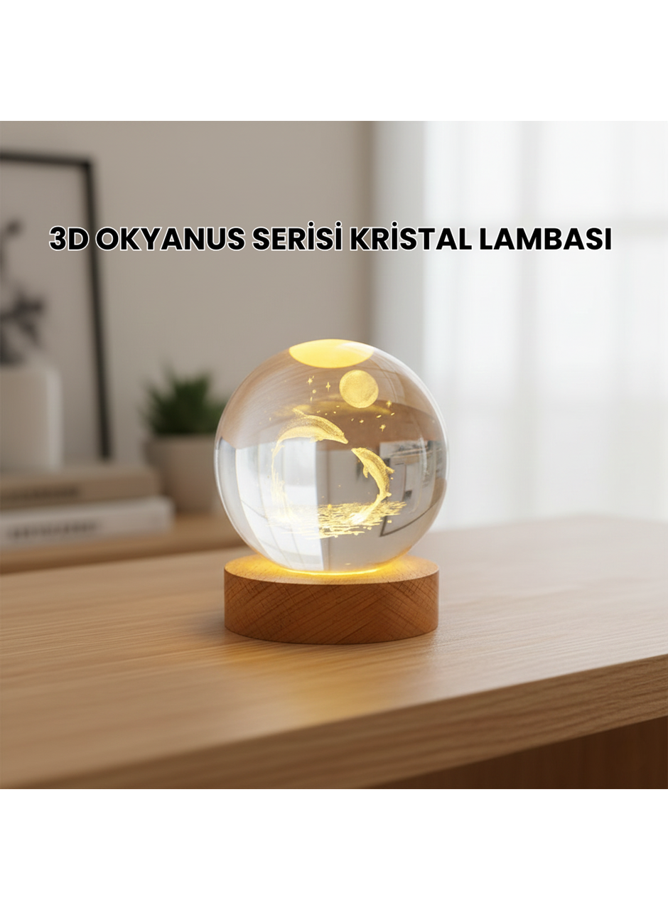 3D Yunus Desenli Kristal Küre Ahşap Tabanlı Işıklı Dekor Objesi