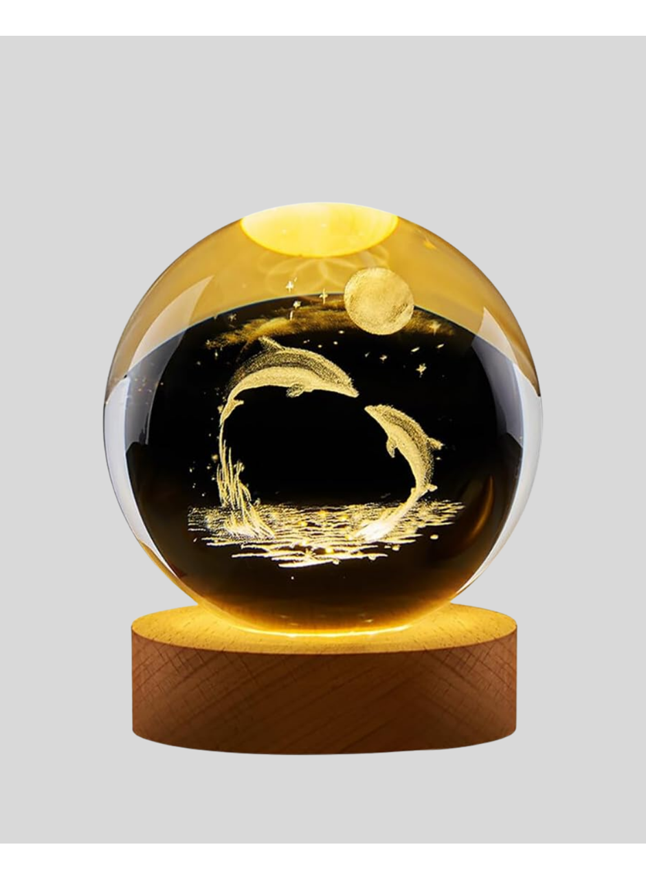 3D Yunus Desenli Kristal Küre Ahşap Tabanlı Işıklı Dekor Objesi