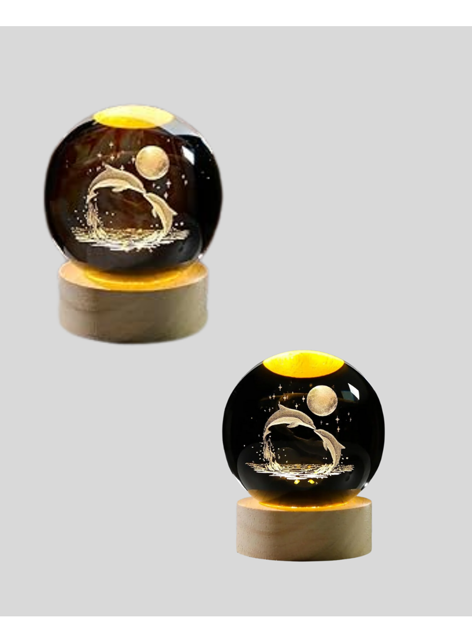 3D Yunus Desenli Kristal Küre Ahşap Tabanlı Işıklı Dekor Objesi