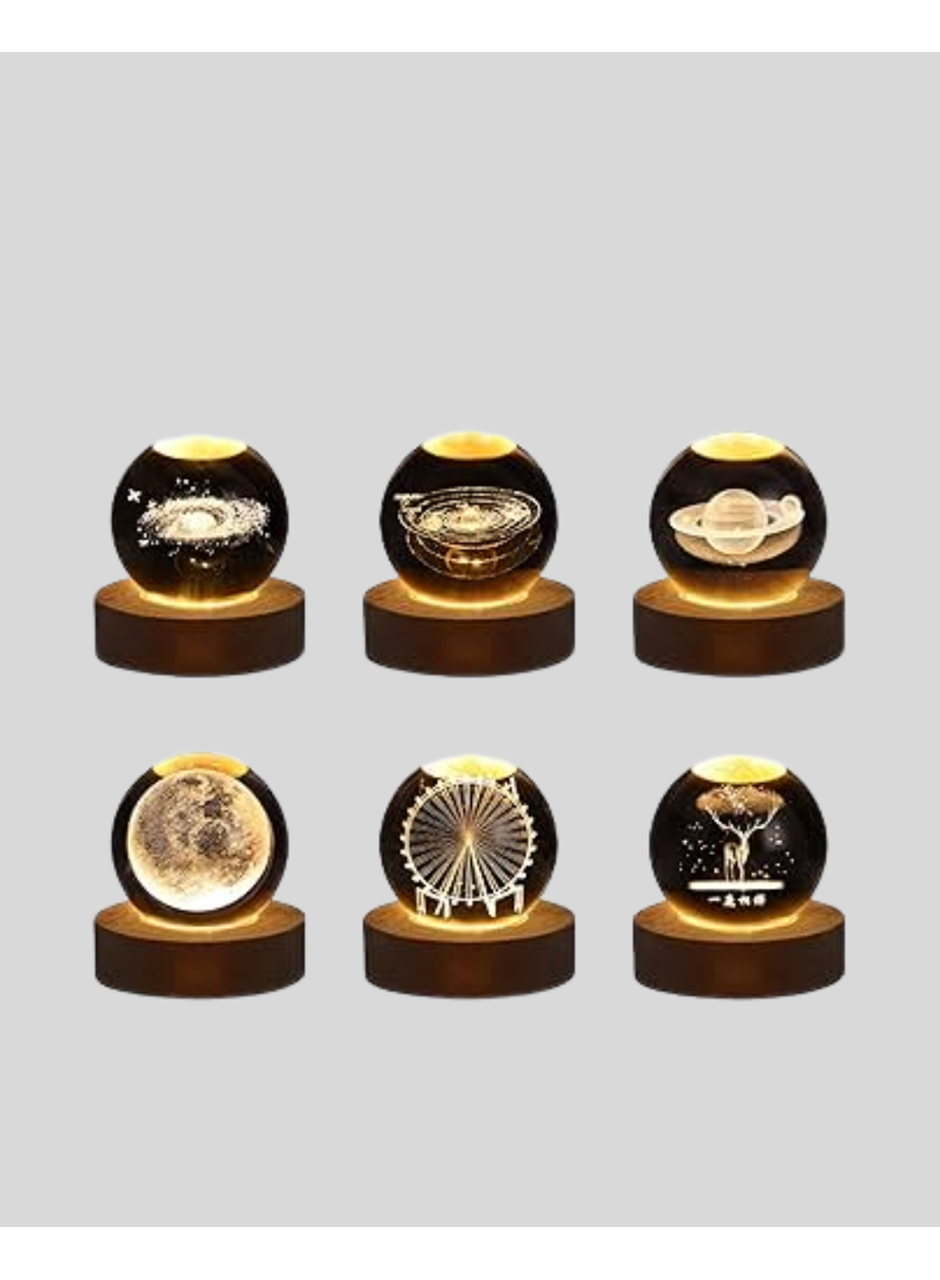 8 cm Ay Desenli Kristal Küre Sıcak LED Işıklı Ahşap Tabanlı Oda Lambası