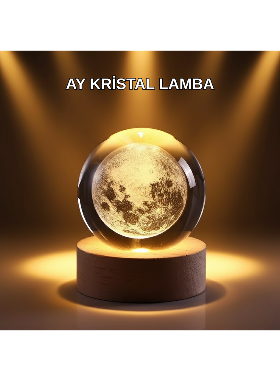 USB Işıklı Ay Kristal Küre 3D Oyma Tasarım Ahşap Standlı Gece Lambası