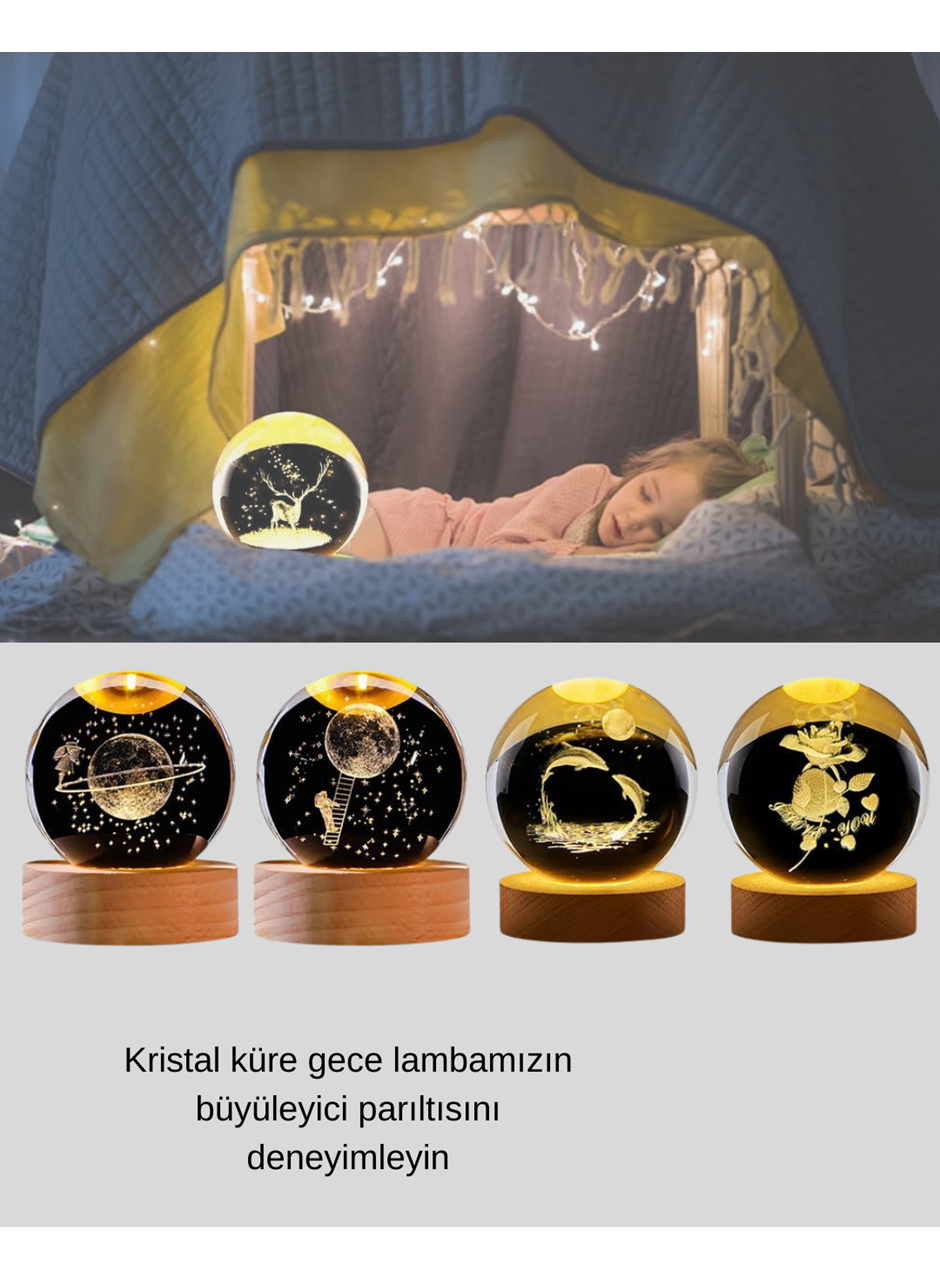 Yunus Figürlü LED Kristal Küre Ahşap Standlı Dekoratif Gece Lambası
