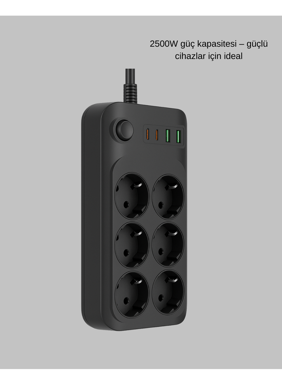 6 Prizli Çoklu Uzatma Kablosu USB Type-C Hızlı Şarj Termal Koruma