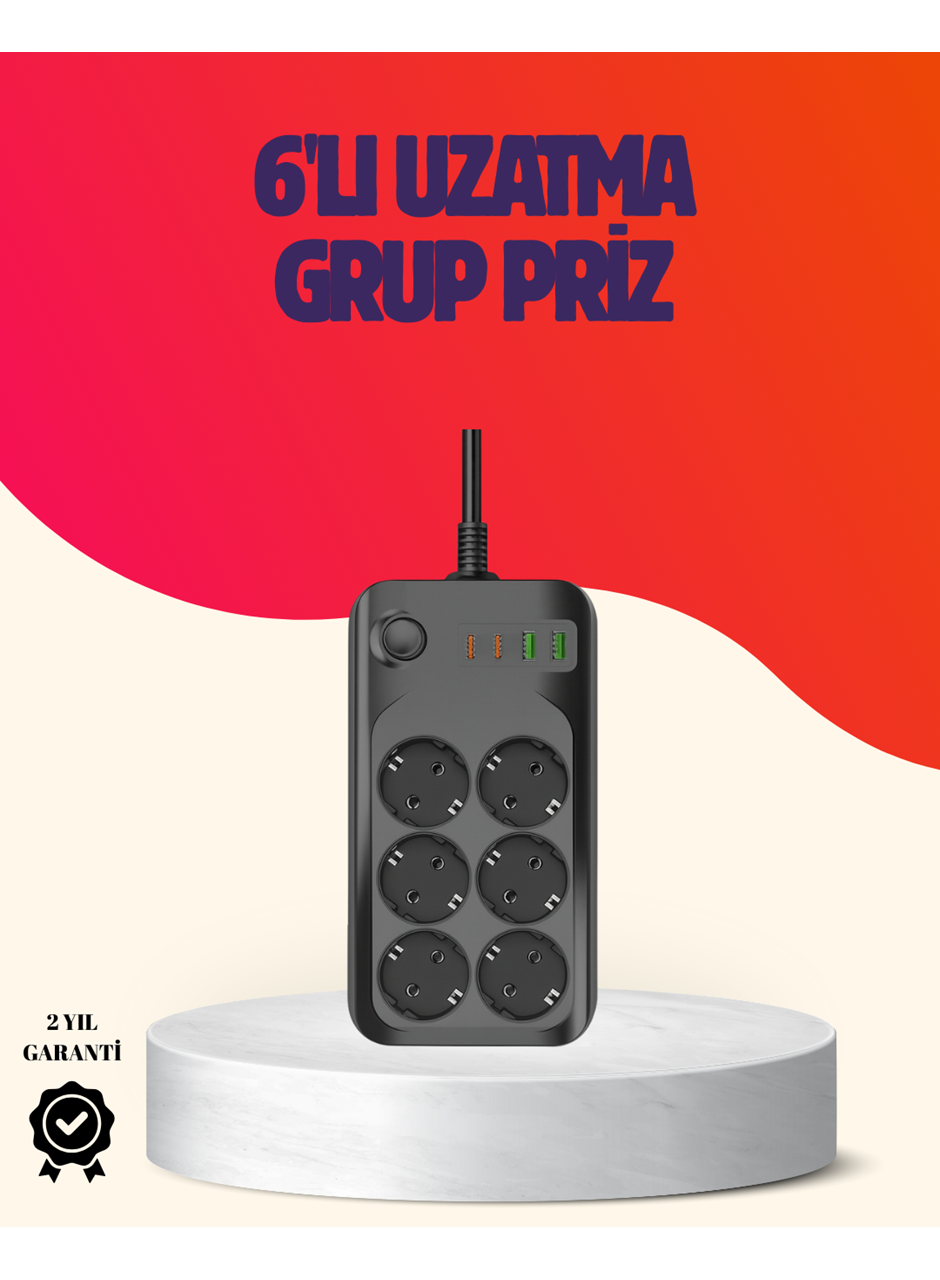USB Type-C Destekli Termal Korumalı 6’lı Uzatma Priz 10A 2m