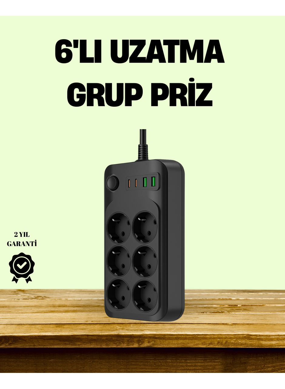 2500W Güçlü 6’lı Priz USB ve Type-C Çıkışlı Termal Korumalı