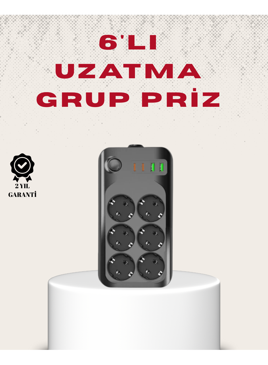 6’lı Grup Priz Termal Korumalı USB Type-C Çoklu Priz 2 Metre Kablo