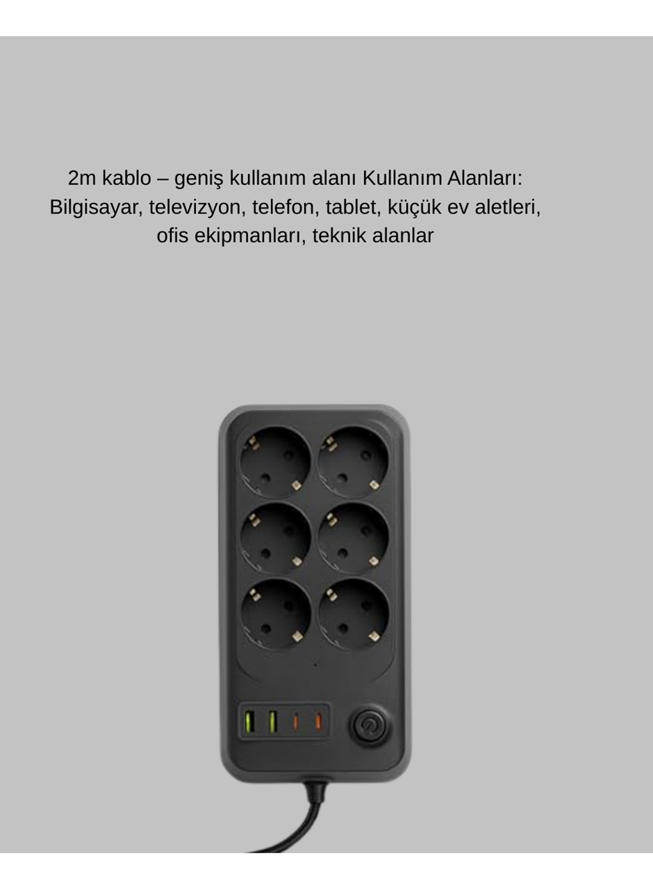 6’lı Grup Priz Termal Korumalı USB Type-C Çoklu Priz 2 Metre Kablo