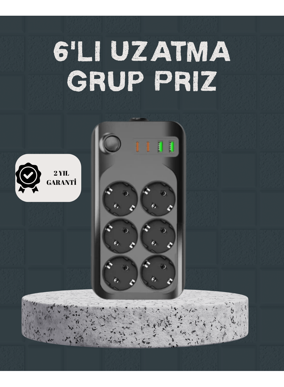 Termal Akım Korumalı 6’lı Uzatma Priz USB Type-C Hızlı Şarj 2500W