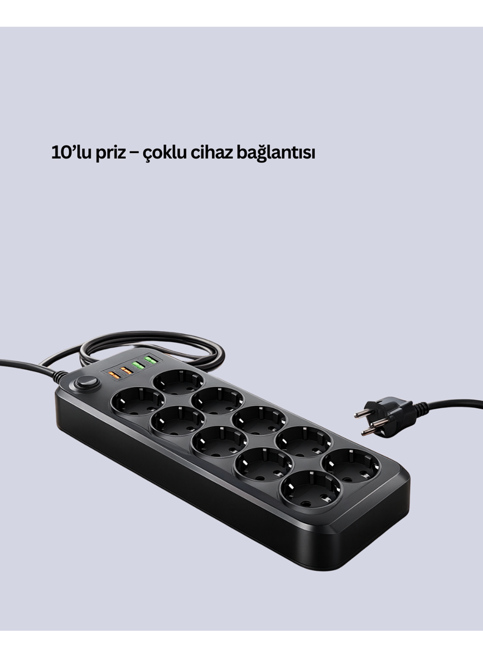 Termal Koruma Sistemli USB Type-C 10’lu Grup Priz 2m 2500W Güç Kapasiteli