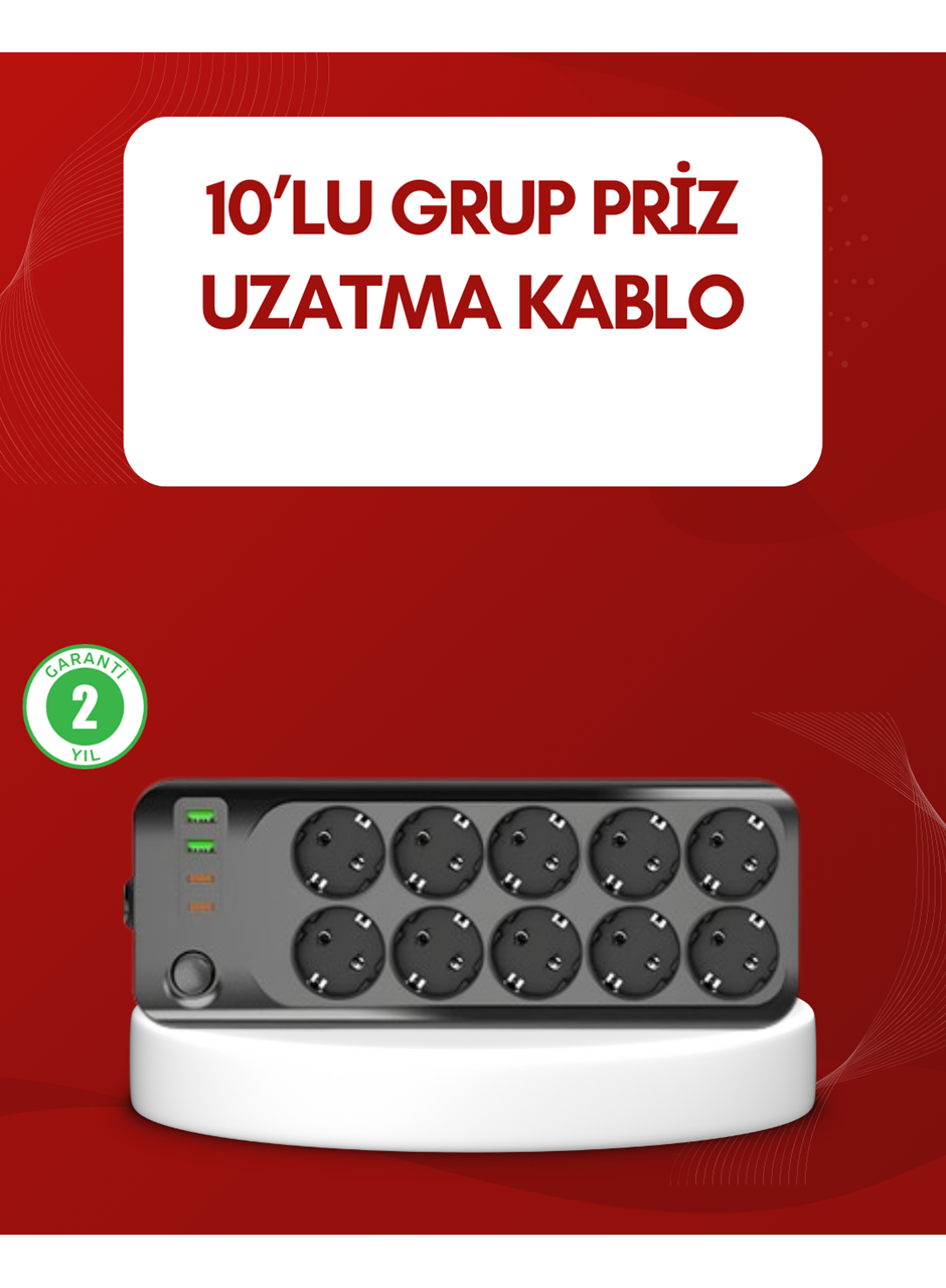 USB Type-C Destekli 10’lu Grup Priz Termal Korumalı 2m Kablo 2500W