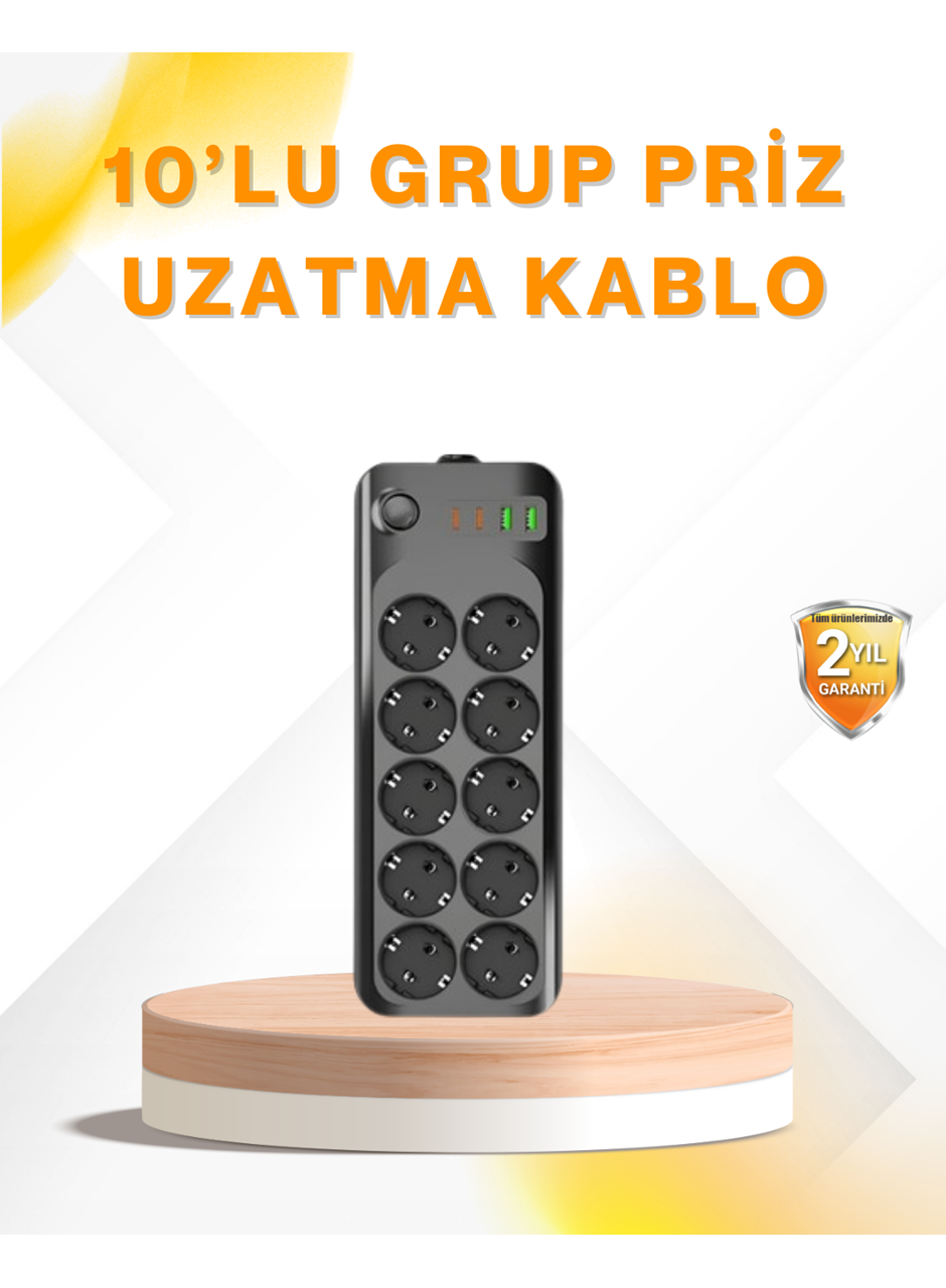10’lu Çoklu Priz Termal Korumalı USB Type-C Çıkışlı 2500W Uzatma Kablosu