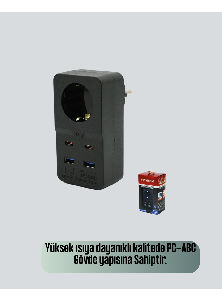 Akıllı Akım Dengelemeli Priz 2500W 4 USB Type C Çıkışlı