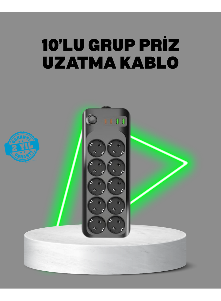 Termal Akım Korumalı 10’lu Grup Priz USB Type-C Hızlı Şarj 2500W 2m Kablo