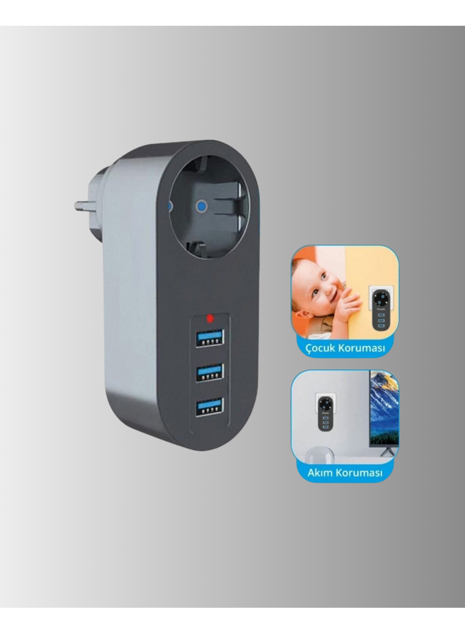 Çocuk Korumalı Termal Priz – 3'lü USB Şarj ve Akım Koruması