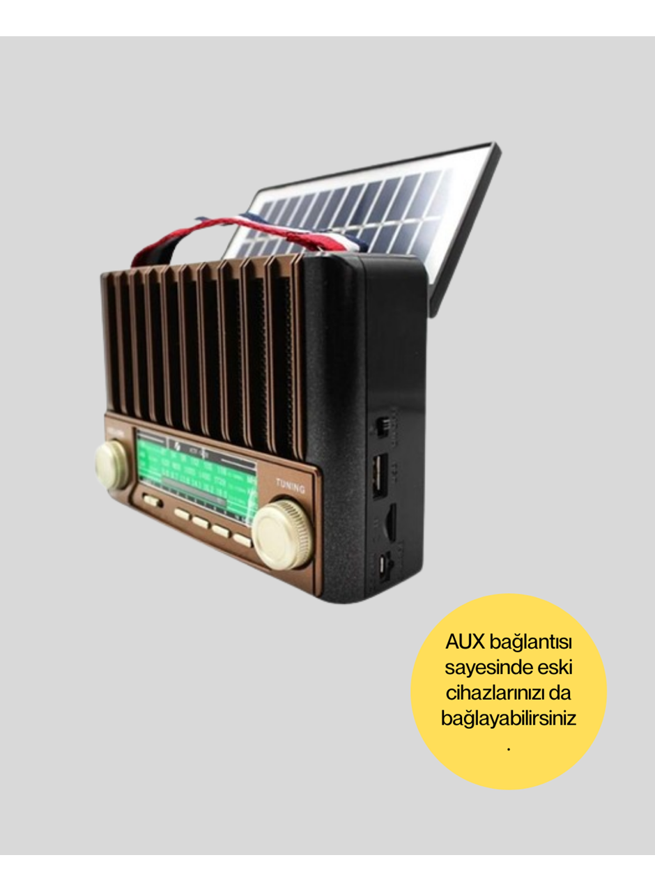 Solar Şarjlı Taşınabilir Radyo Bluetooth Hoparlör USB SD Destekli