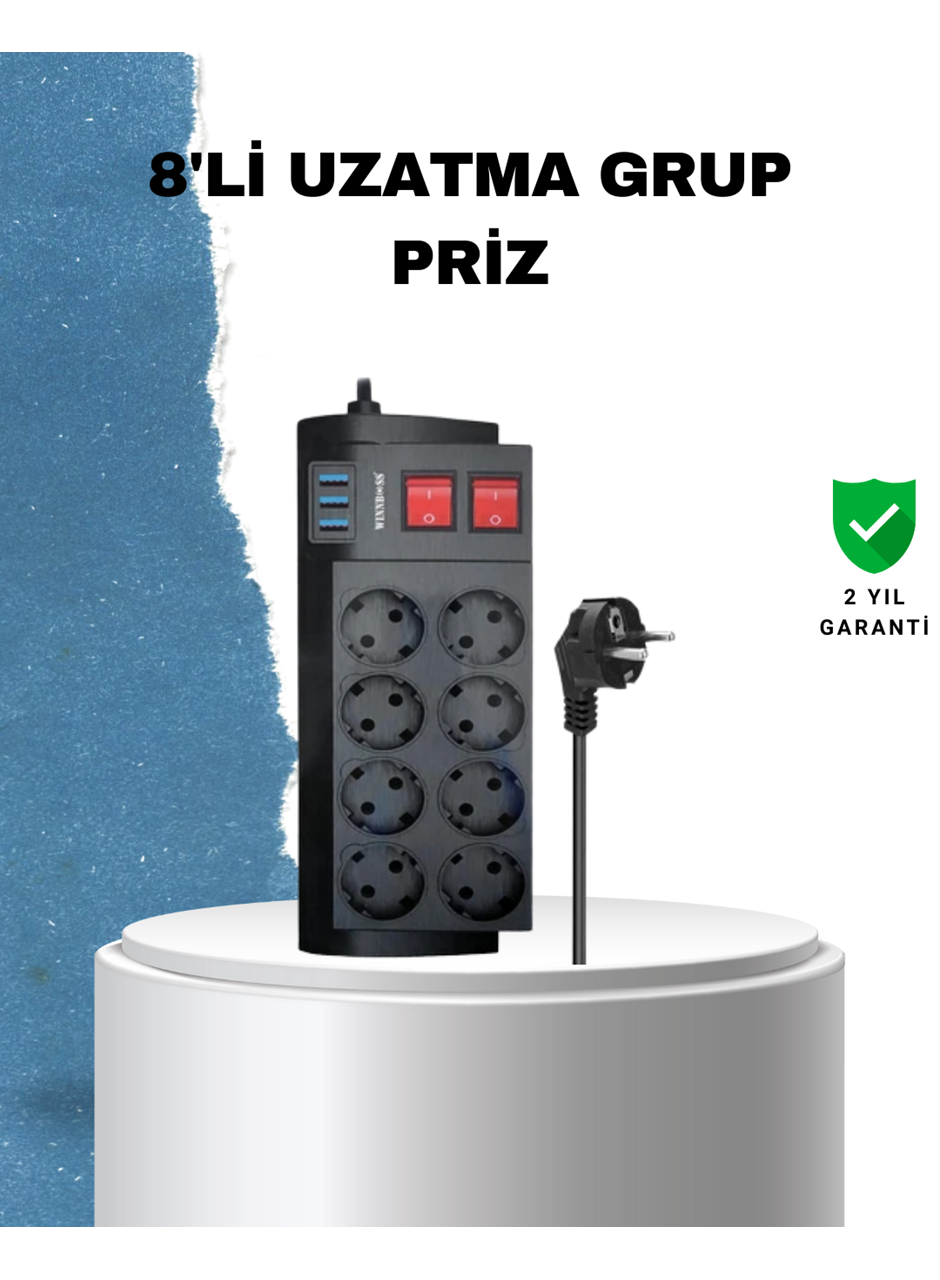 2 Metre Güçlü Çoklu Priz 8 Soket