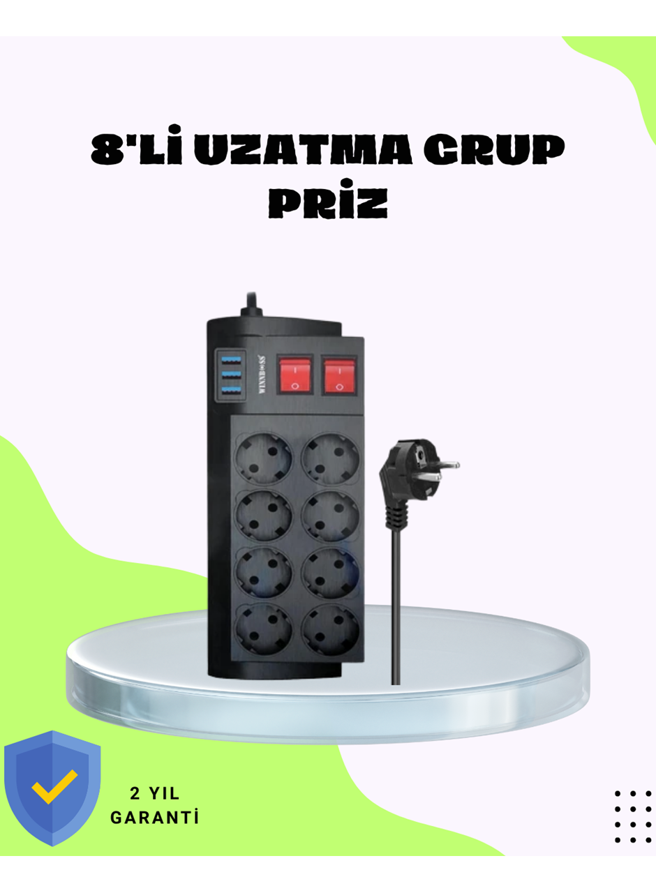 Termal Korumalı 8 Prizli 3 USB’li Uzatma Kablosu
