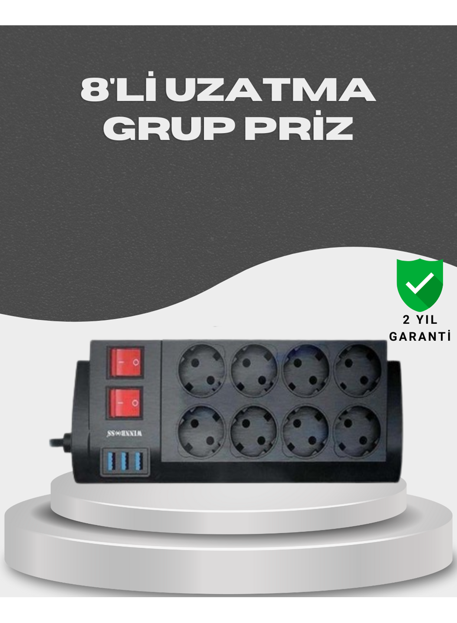 Akım Korumalı 8’li Priz 3 USB’li Uzatma Kablosu Isıya Dayanıklı 2 Metre