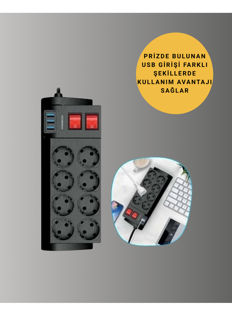 Güçlü Termal Korumalı 8 Priz + 3 USB Çoklu Uzatma Kablosu 2m