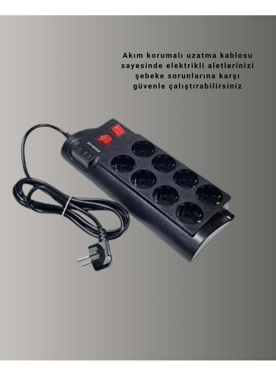 Güçlü Termal Korumalı 8 Priz + 3 USB Çoklu Uzatma Kablosu 2m