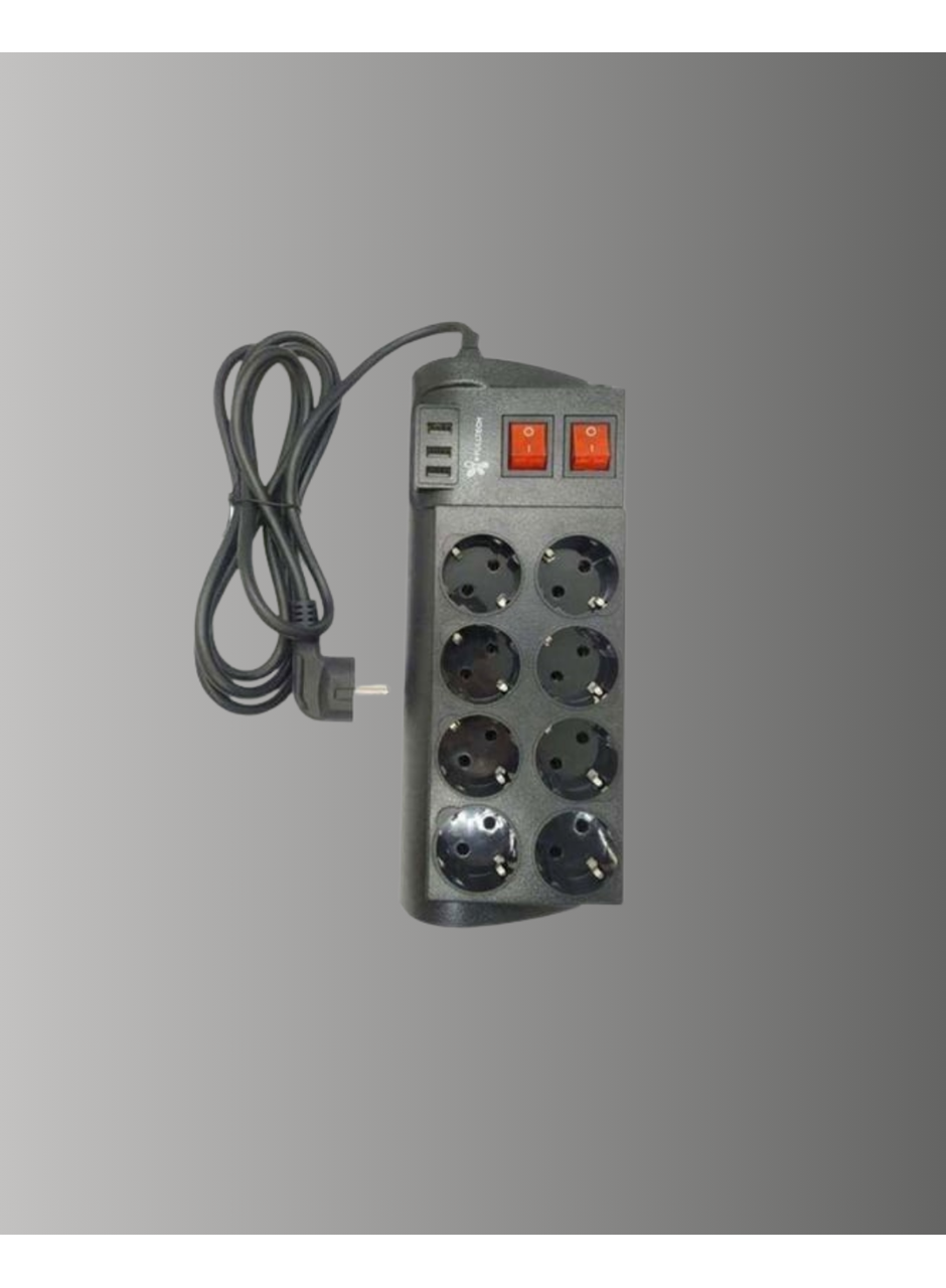 Güçlü Termal Korumalı 8 Priz + 3 USB Çoklu Uzatma Kablosu 2m