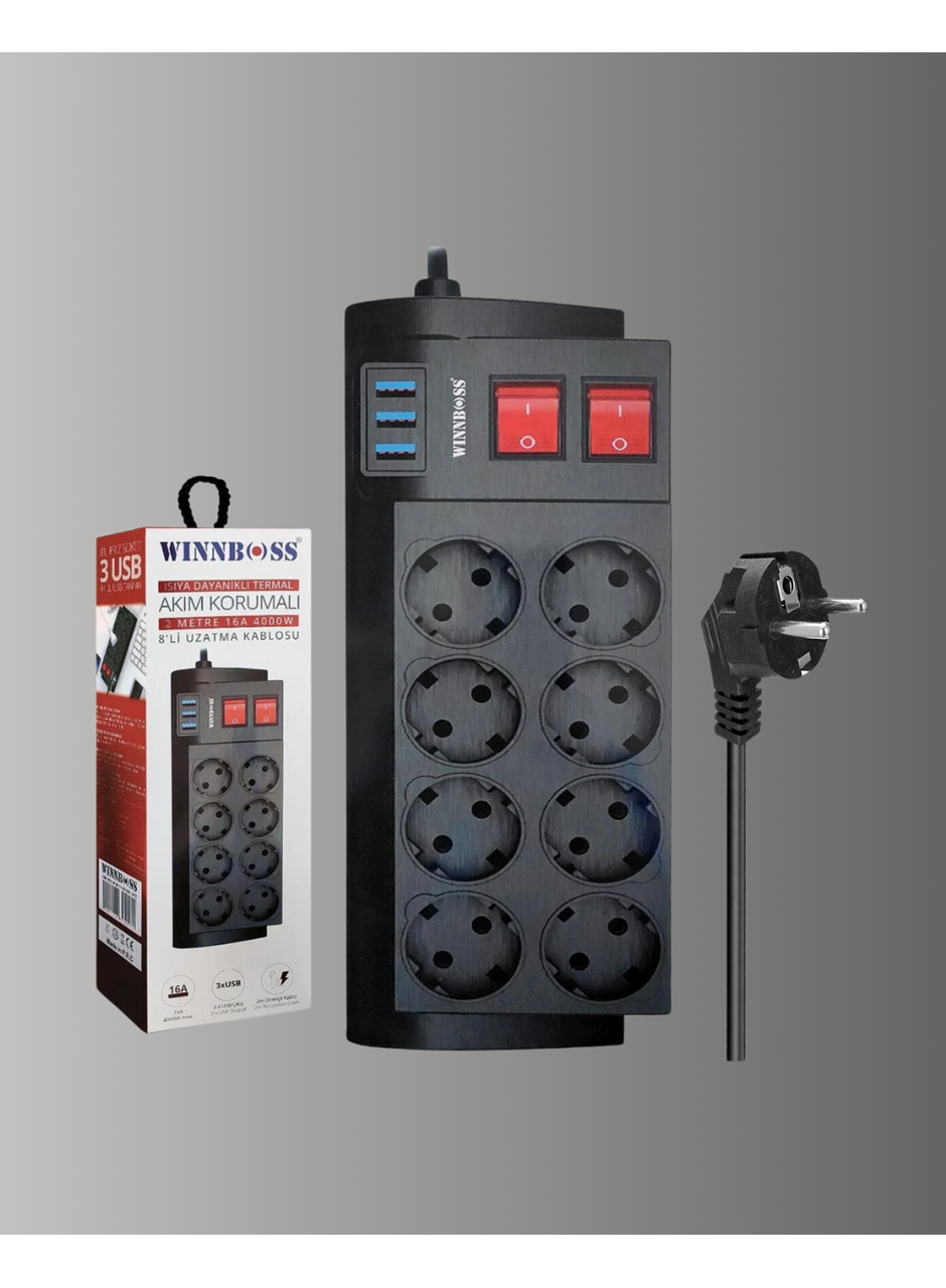 Güçlü Termal Korumalı 8 Priz + 3 USB Çoklu Uzatma Kablosu 2m