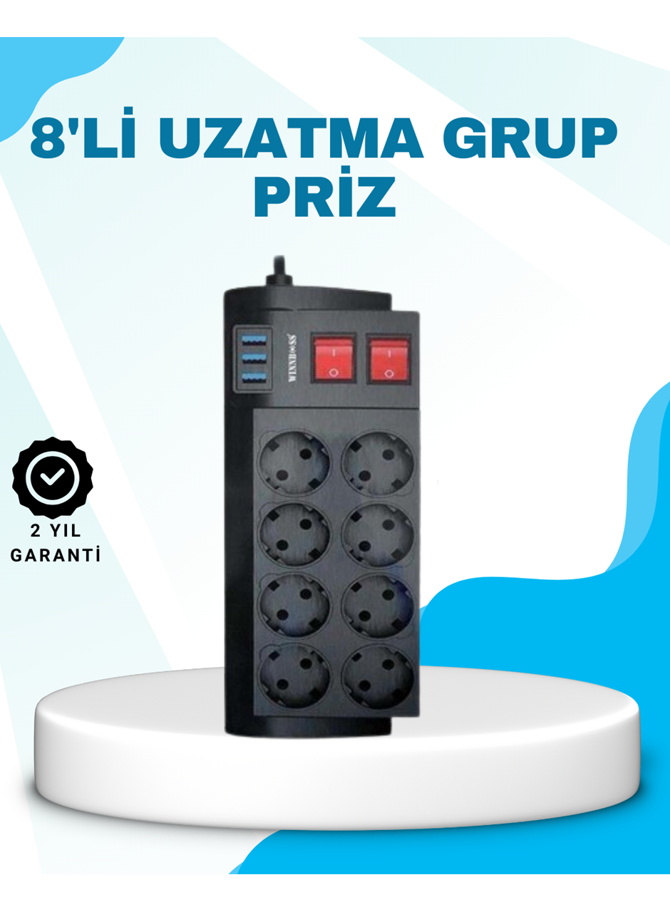 Isıya Dayanıklı Termal Akım Korumalı 8'li Priz ve 3 USB Girişli Uzatma Kablosu