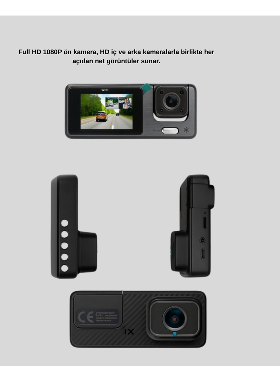 3 Kameralı Araç DVR 1080P Ön + HD Arka + İç Kamera Döngü Kayıt 2’’ Ekran