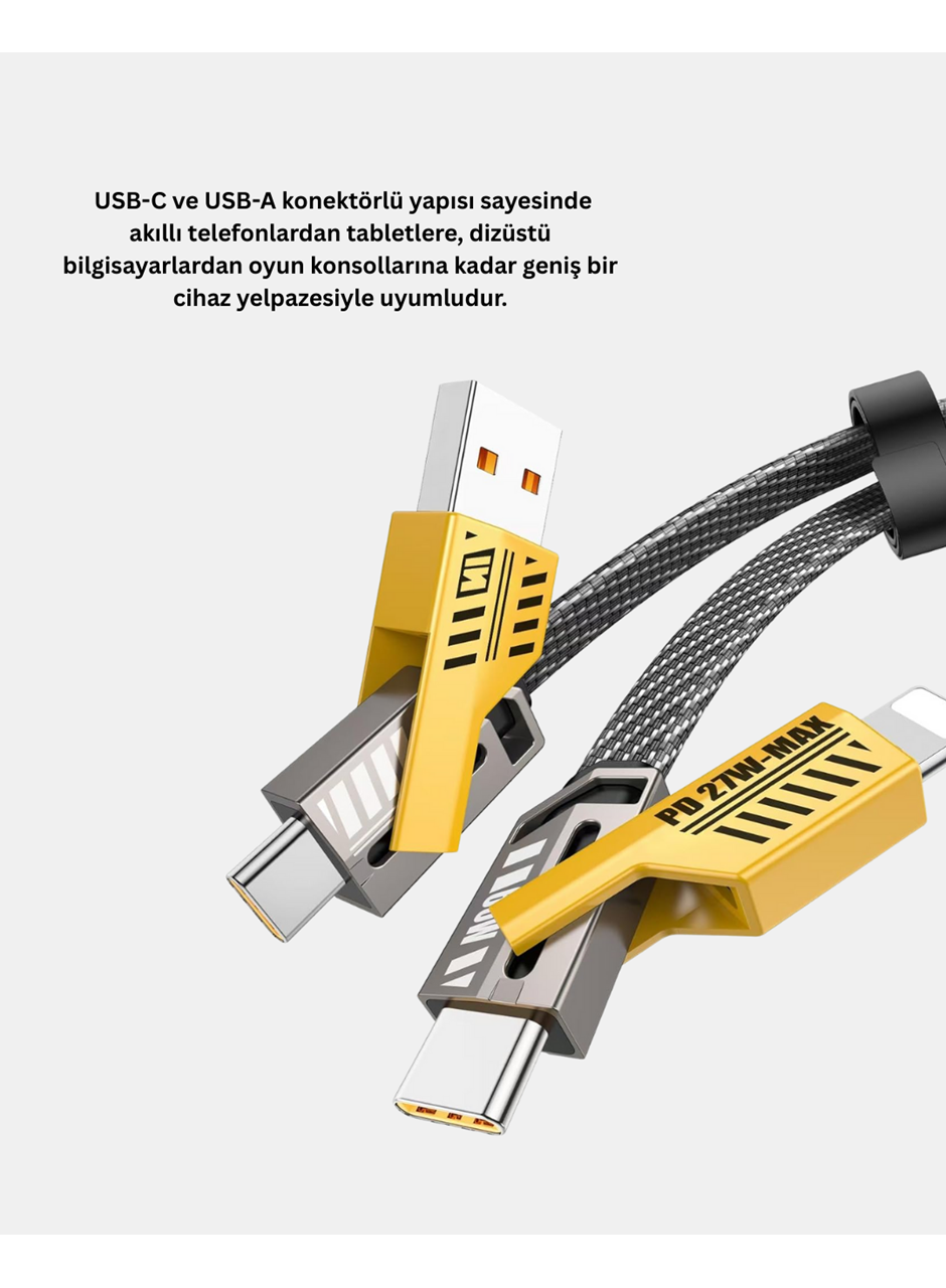 USB-C USB-A 4’ü 1 Arada Örgülü Kablo 65W Hızlı Şarj Metal Uç Dayanıklı