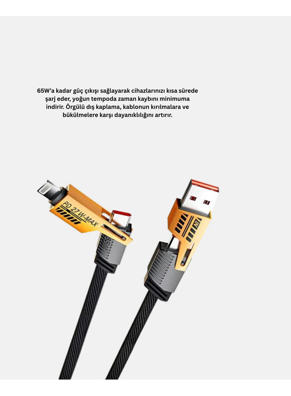 65W 4’ü 1 Arada Örgülü Hızlı Şarj Kablosu USB-C USB-A Çoklu Şarj Dayanıklı
