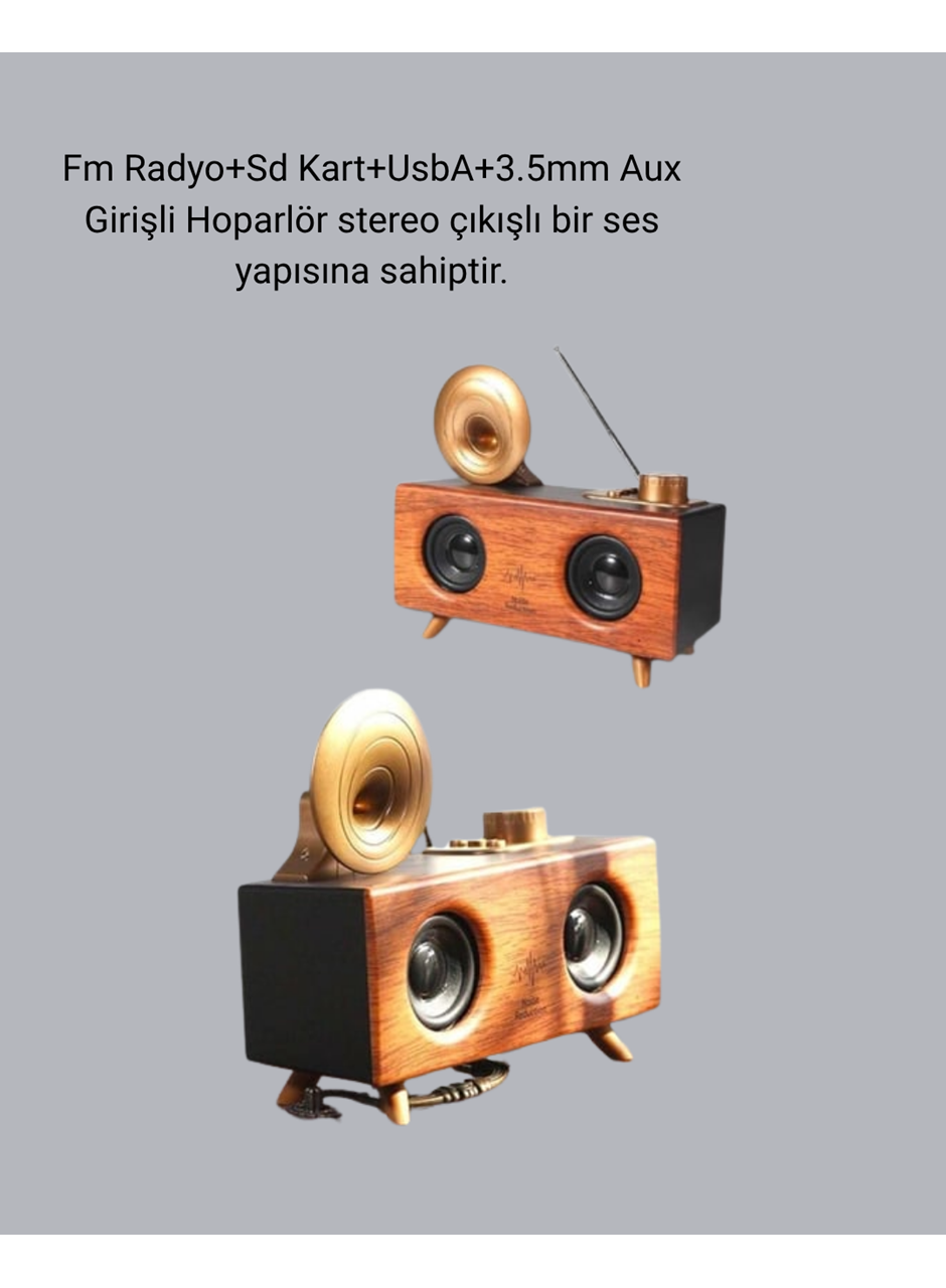 Retro Gramafon Bluetooth Hoparlör Çift Stereo Sesli FM Radyo Destekli