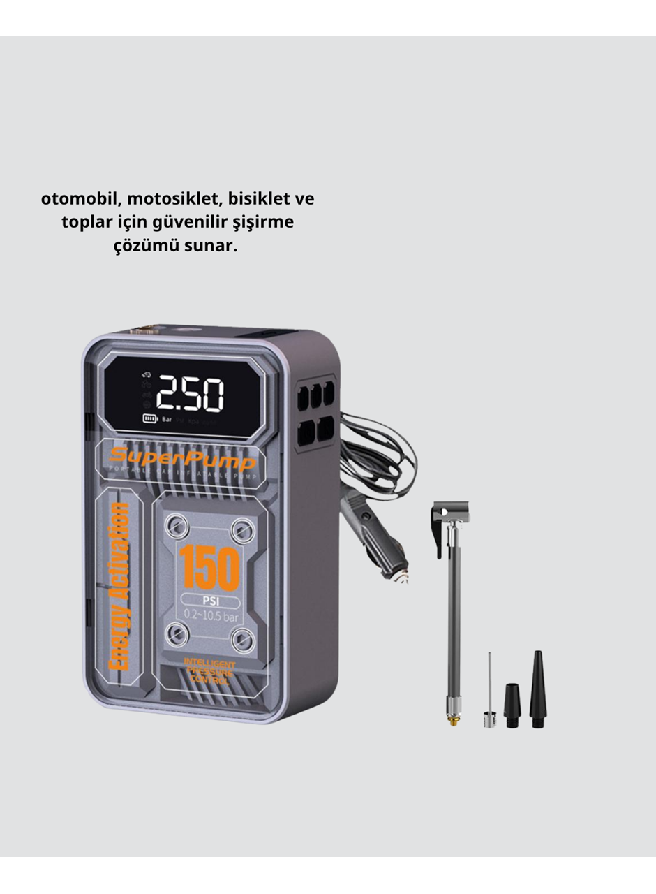 Şarjlı Kablosuz Hava Pompası – 150 PSI Basınç, LED Ekran ve 6000mAh Batarya
