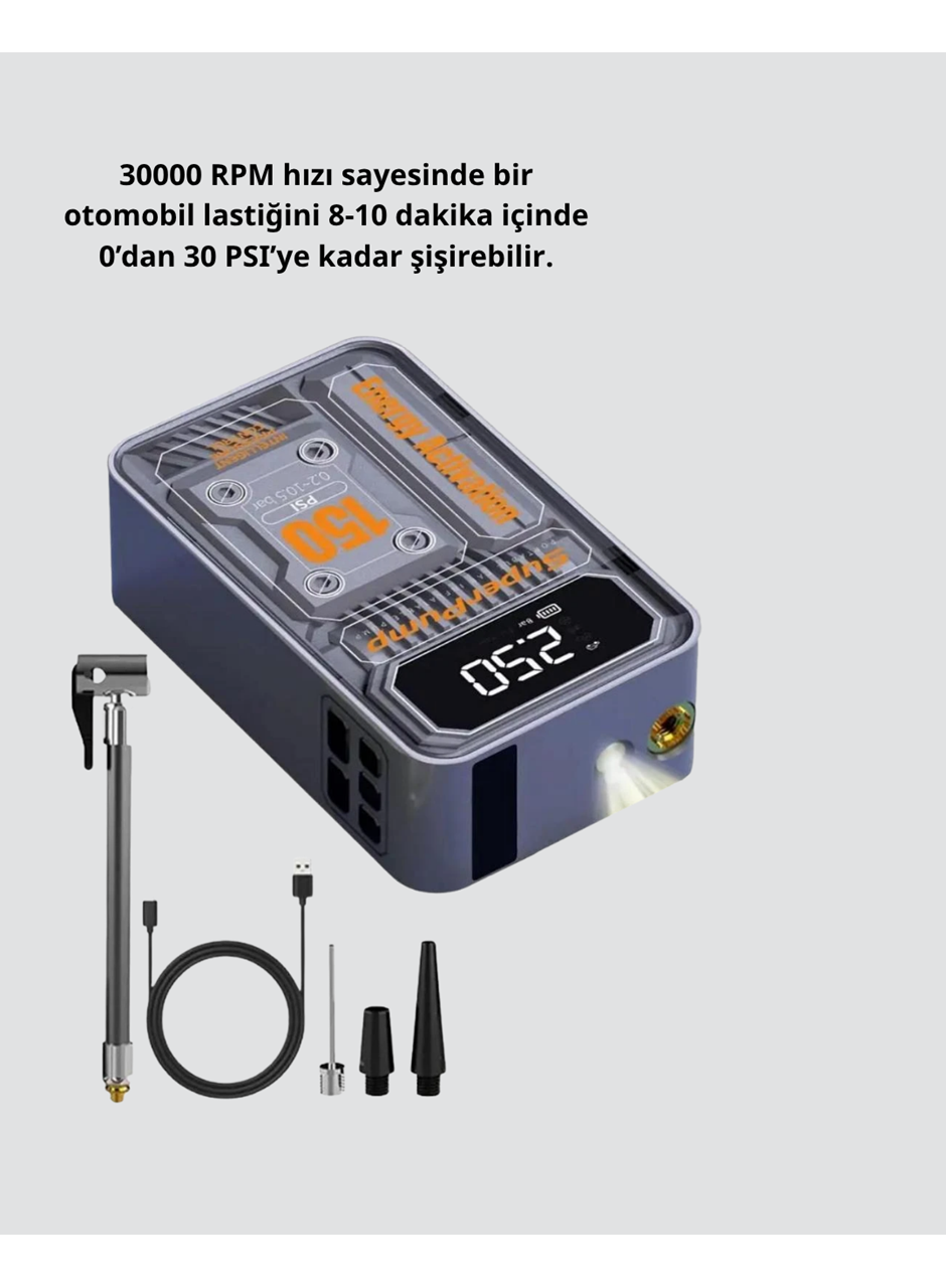 Şarjlı Kablosuz Hava Pompası – 150 PSI Basınç, LED Ekran ve 6000mAh Batarya