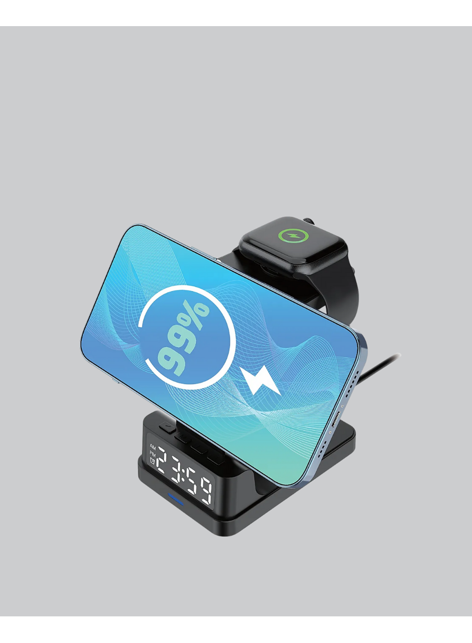 Kablosuz Şarj İstasyonu ve Dijital Saat – Apple Uyumlu, 3 Kademeli Işık Ayarı