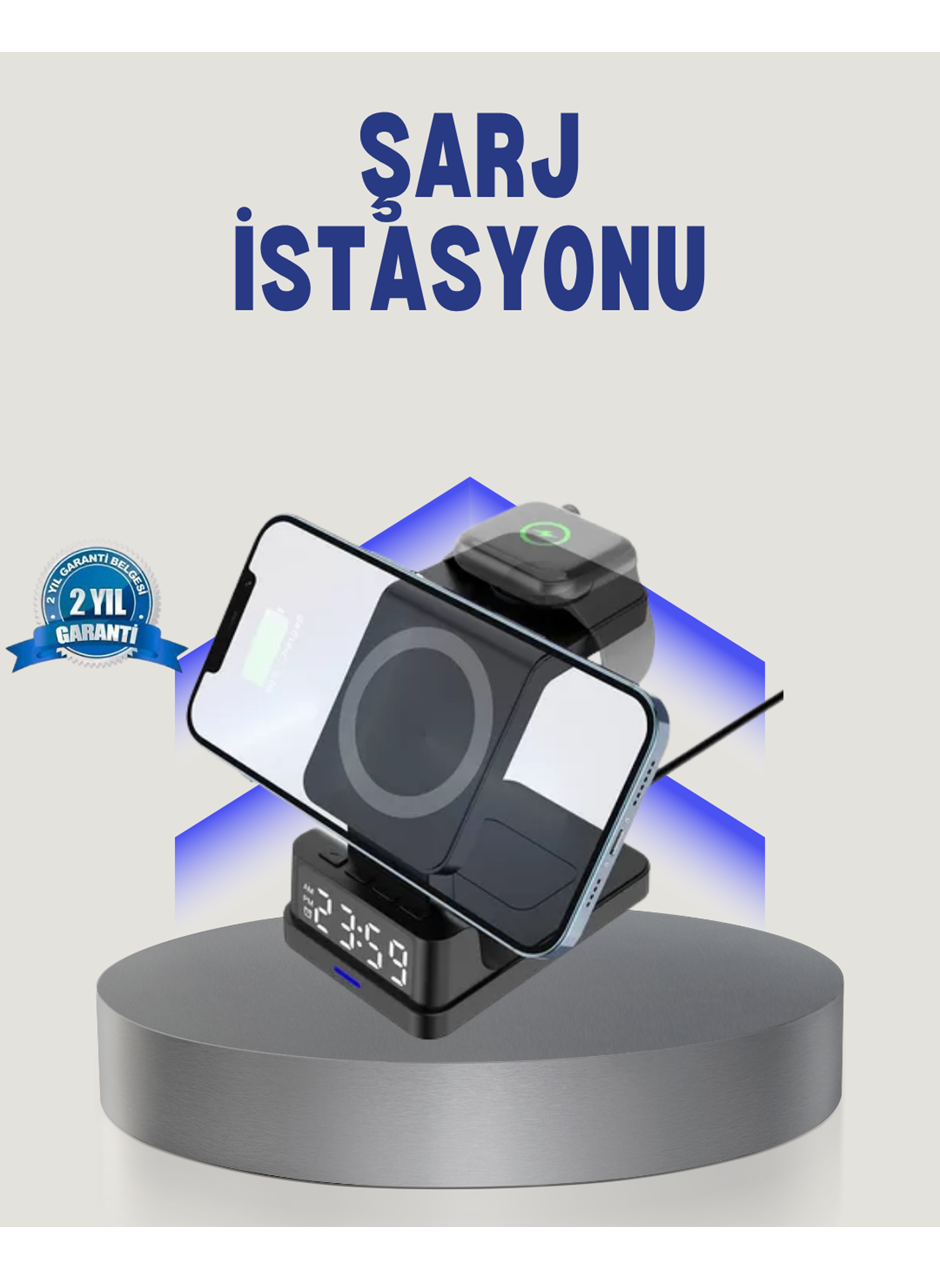 Kablosuz Şarj Cihazı ve Dijital Saat – 4’ü 1 Arada Hızlı Şarj, Apple Uyumlu, LED Işıklı Tasarım