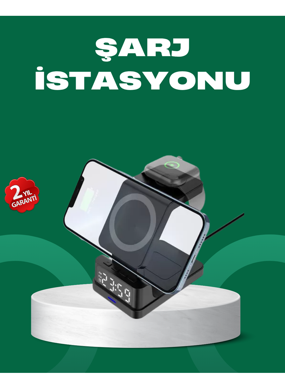 Dijital Saatli Kablosuz Şarj İstasyonu – 3’ü 1 Arada Apple Uyumlu Hızlı Şarj ve LED Ekran