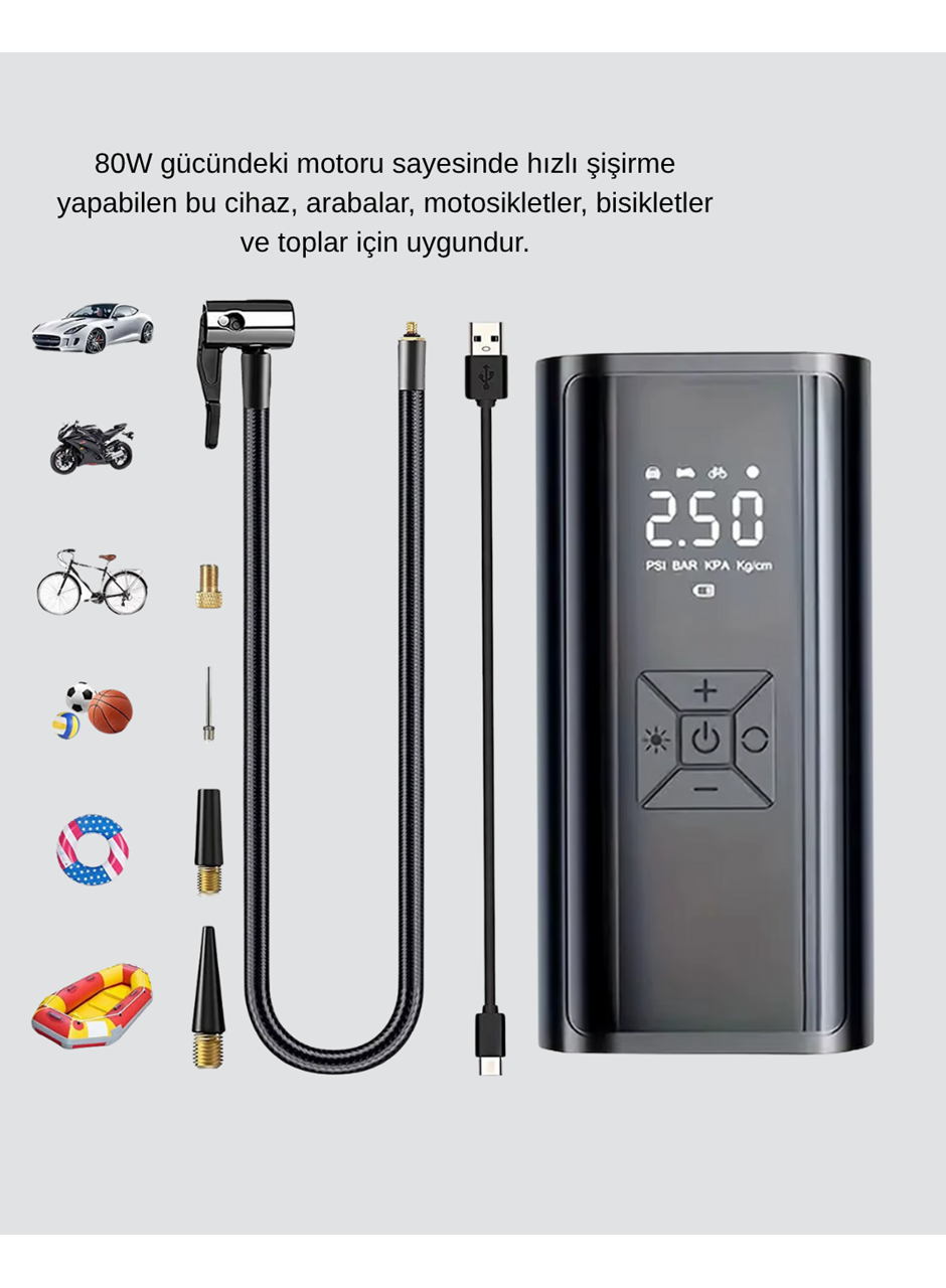 Taşınabilir 80W Kablosuz Lastik Şişirme Pompası Dijital Ekranlı